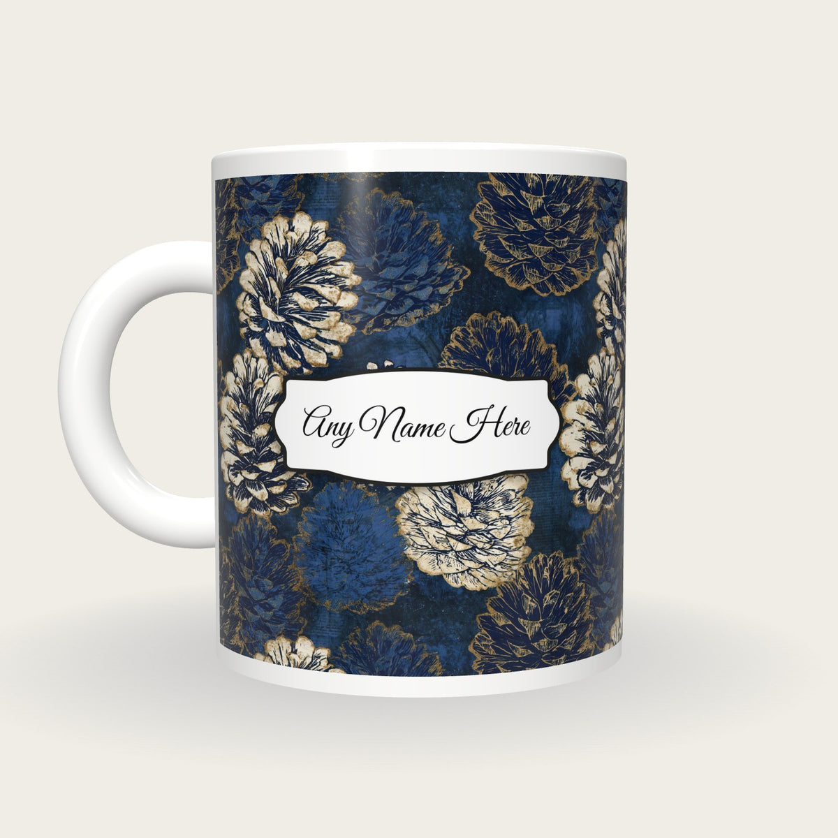 Scratchboard Pine Cones Name Mug, back with the second name label