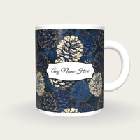 Scratchboard Pine Cones Name Mug, front with the name label