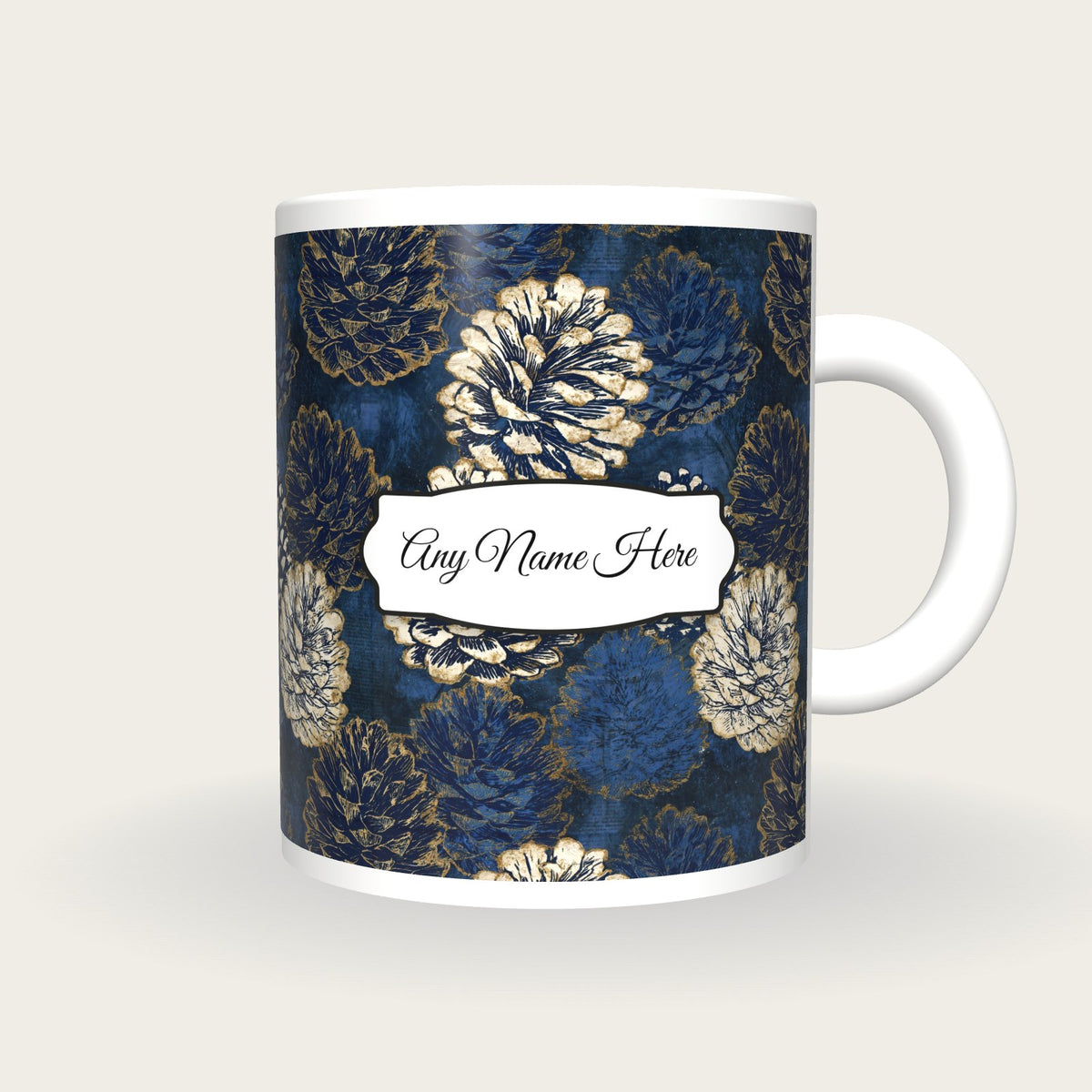 Scratchboard Pine Cones Name Mug, front with the name label