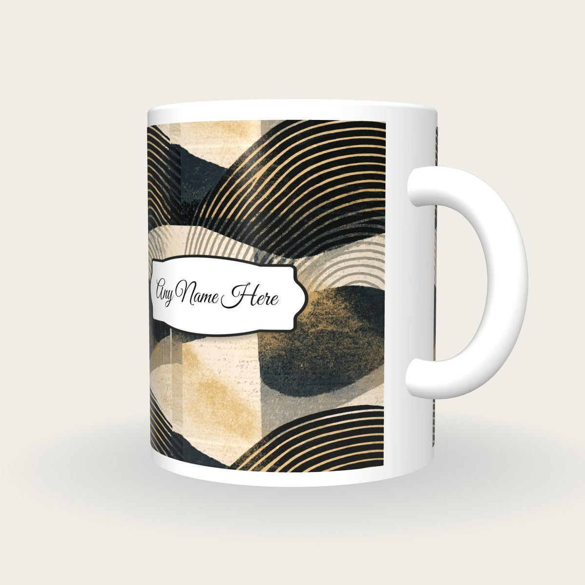 Screenprint Black Abstract Name Mug, three-quarter view
