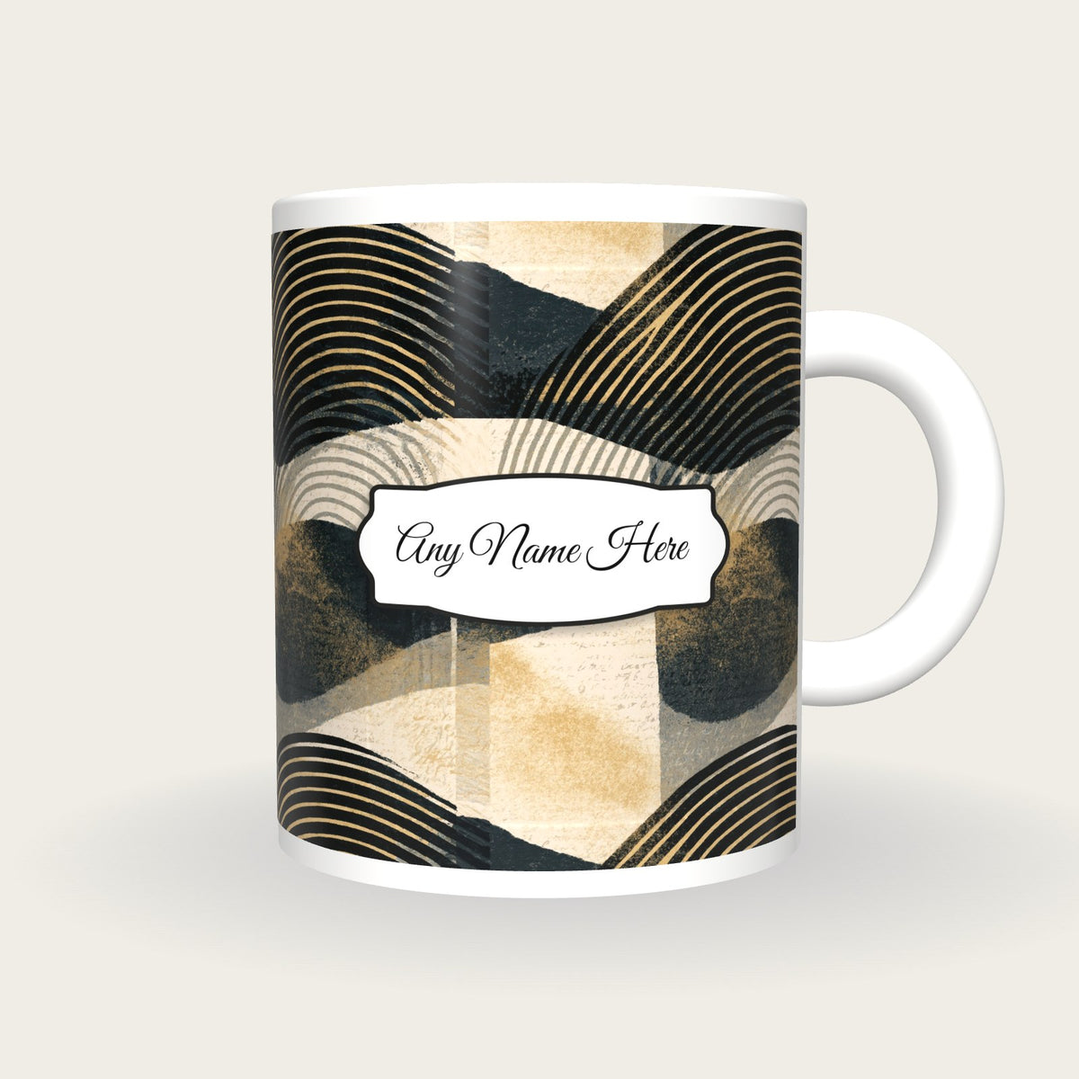 Screenprint Black Abstract Name Mug, front with the name label