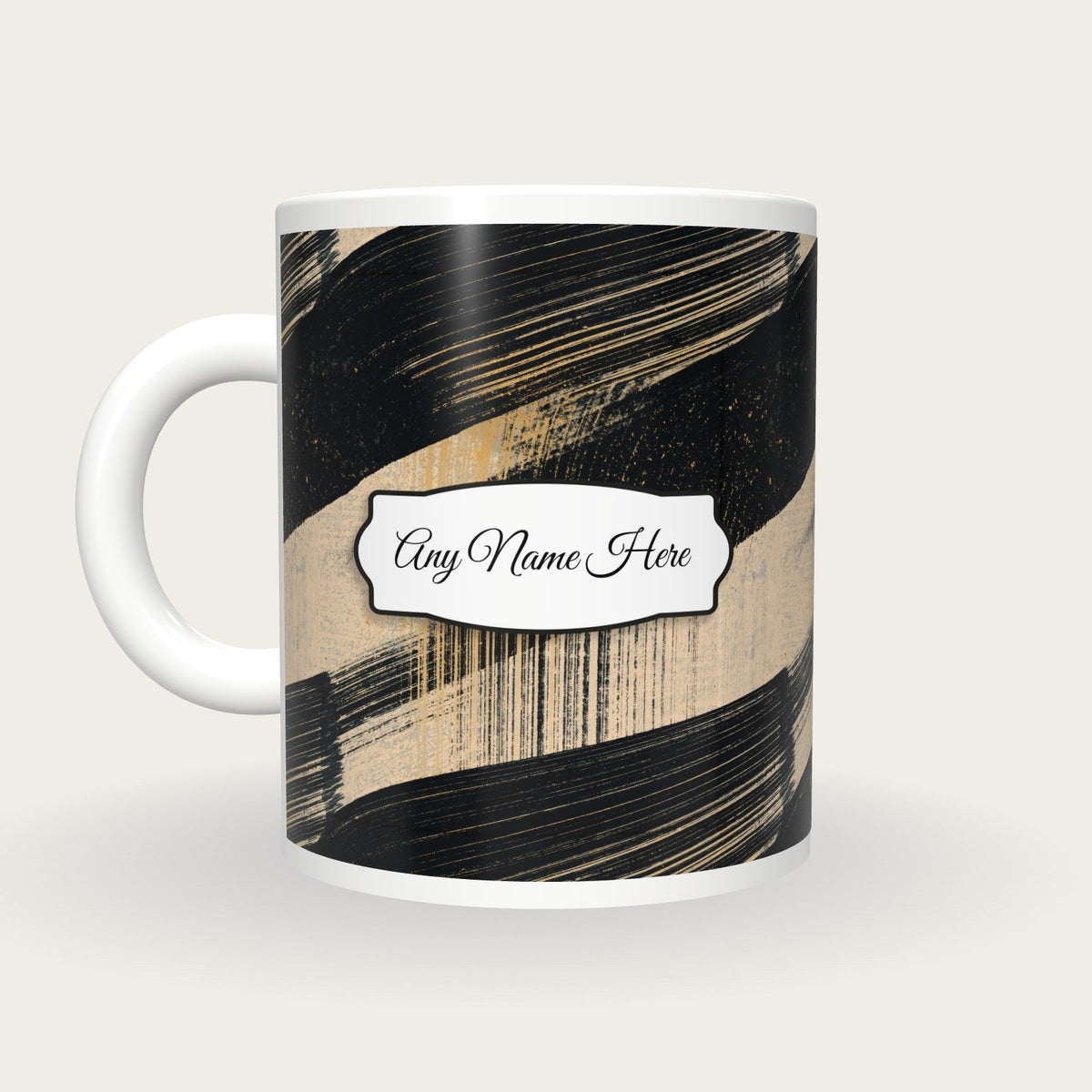 Screenprint Black Abstract Name Mug 2, back with the second name label