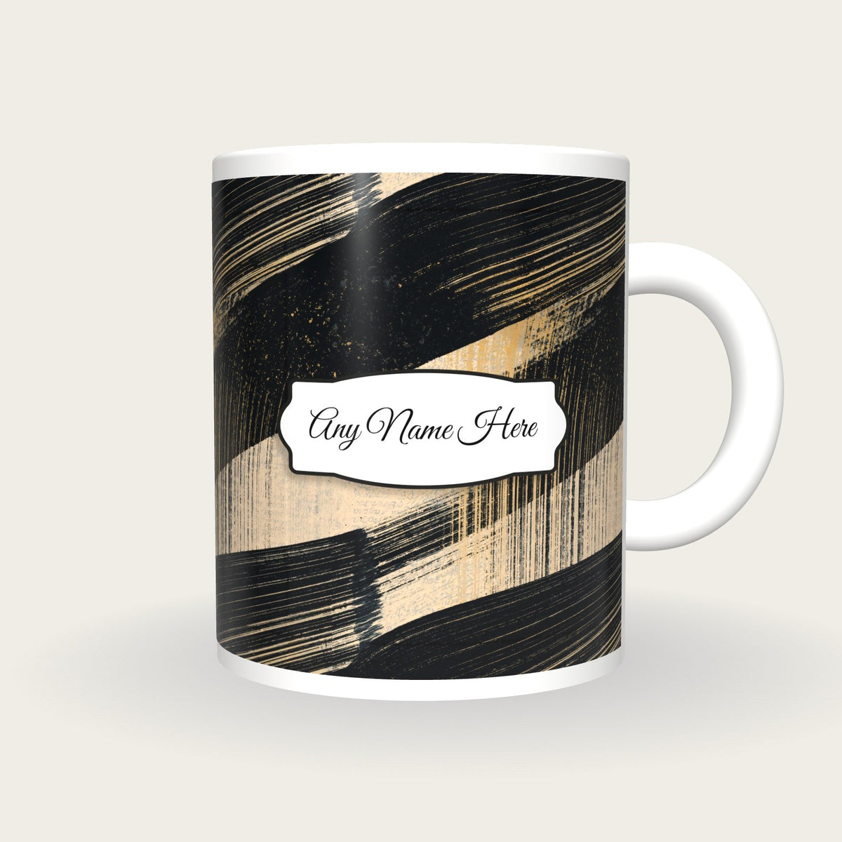 Screenprint Black Abstract Name Mug 2, front with the name label