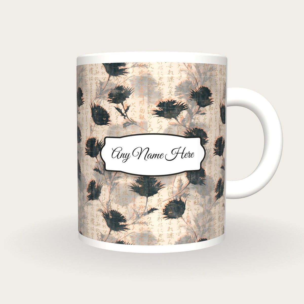 Screenprint Thistle Name Mug, front with the name label