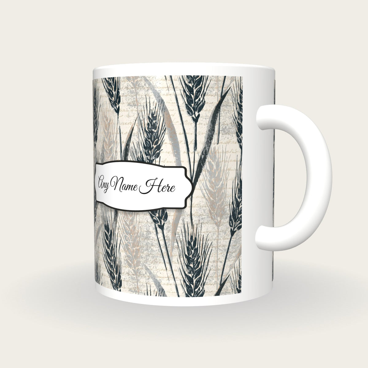 Woodblock Wheat Name Mug 2, three-quarter view