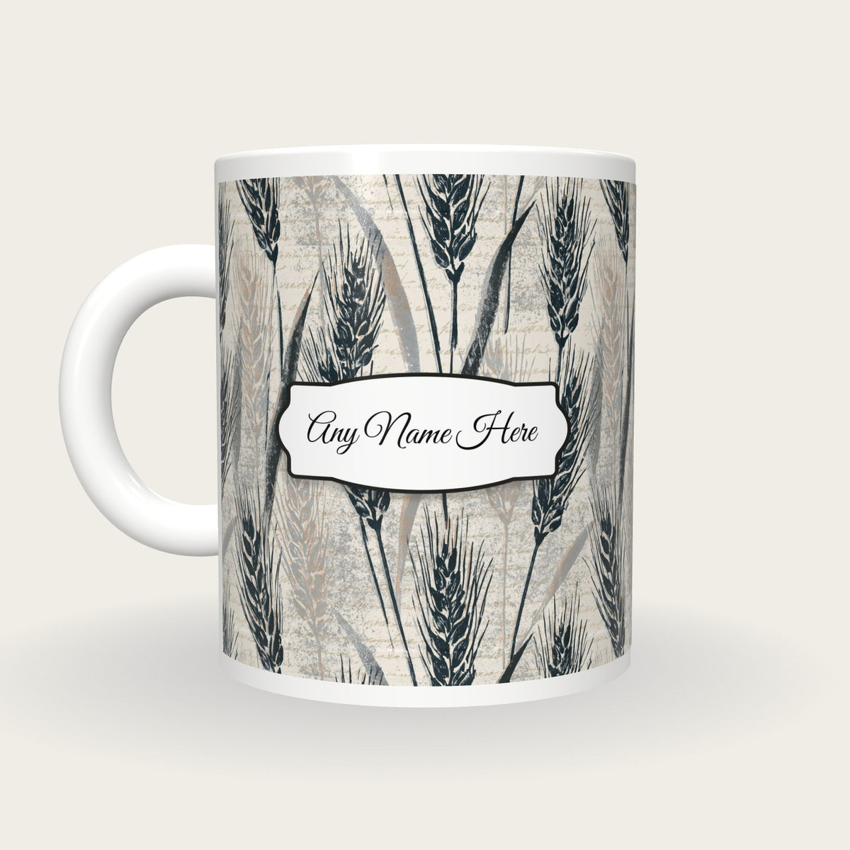 Woodblock Wheat Name Mug 2, back with the second name label