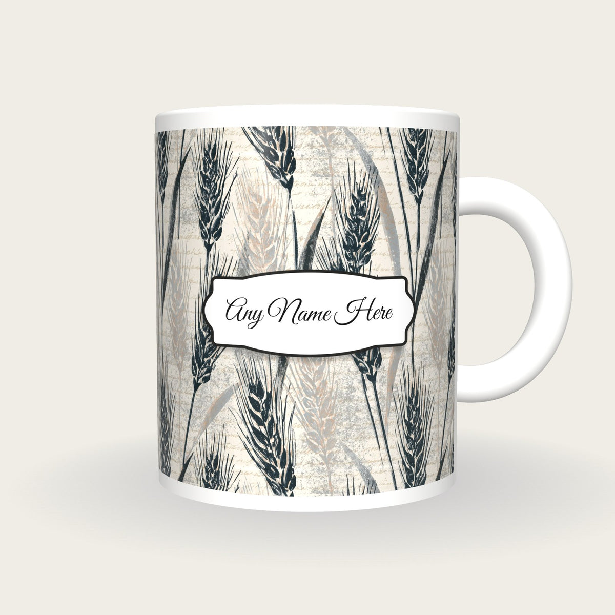 Woodblock Wheat Name Mug 2, front with the name label