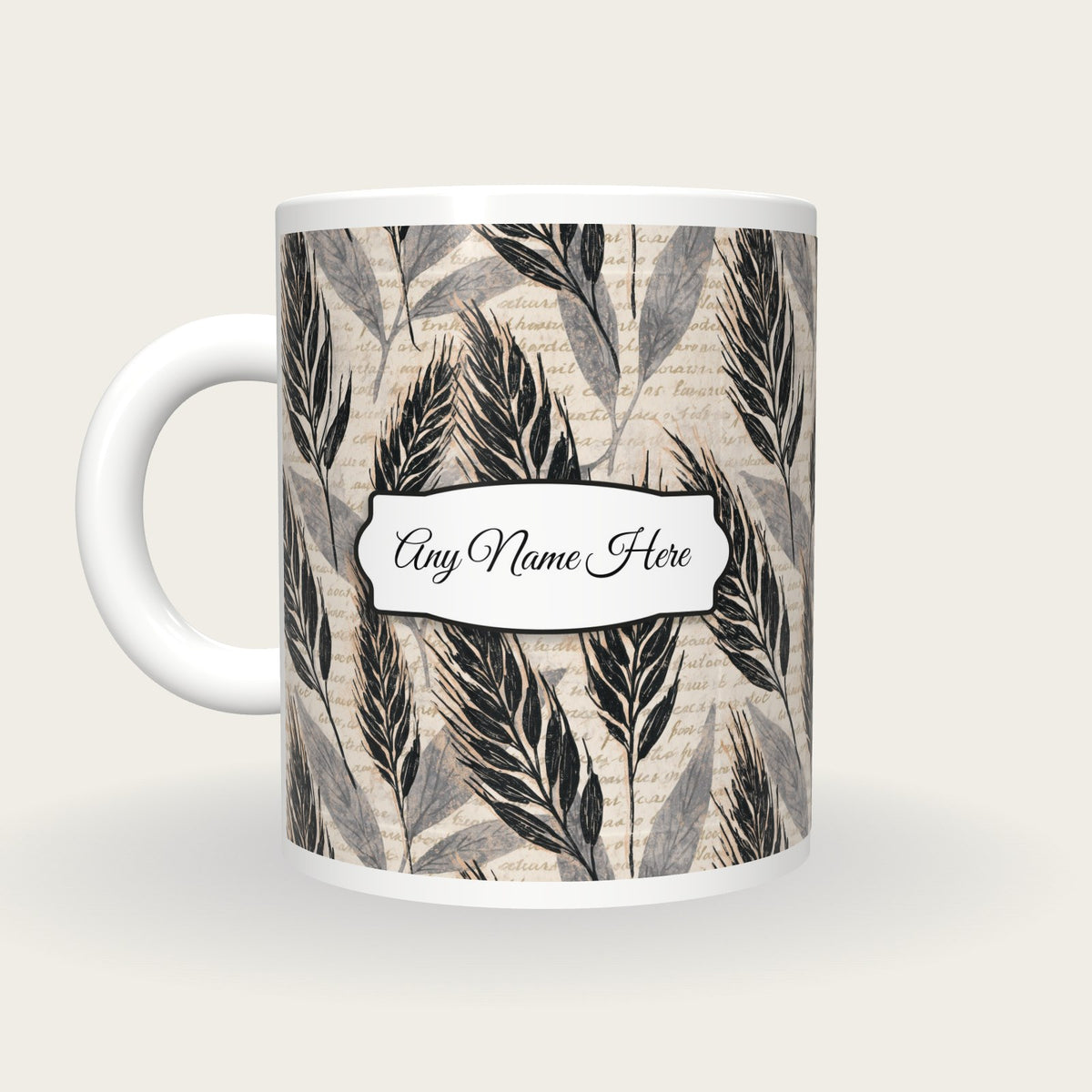Woodblock Wheat Name Mug, back with the second name label