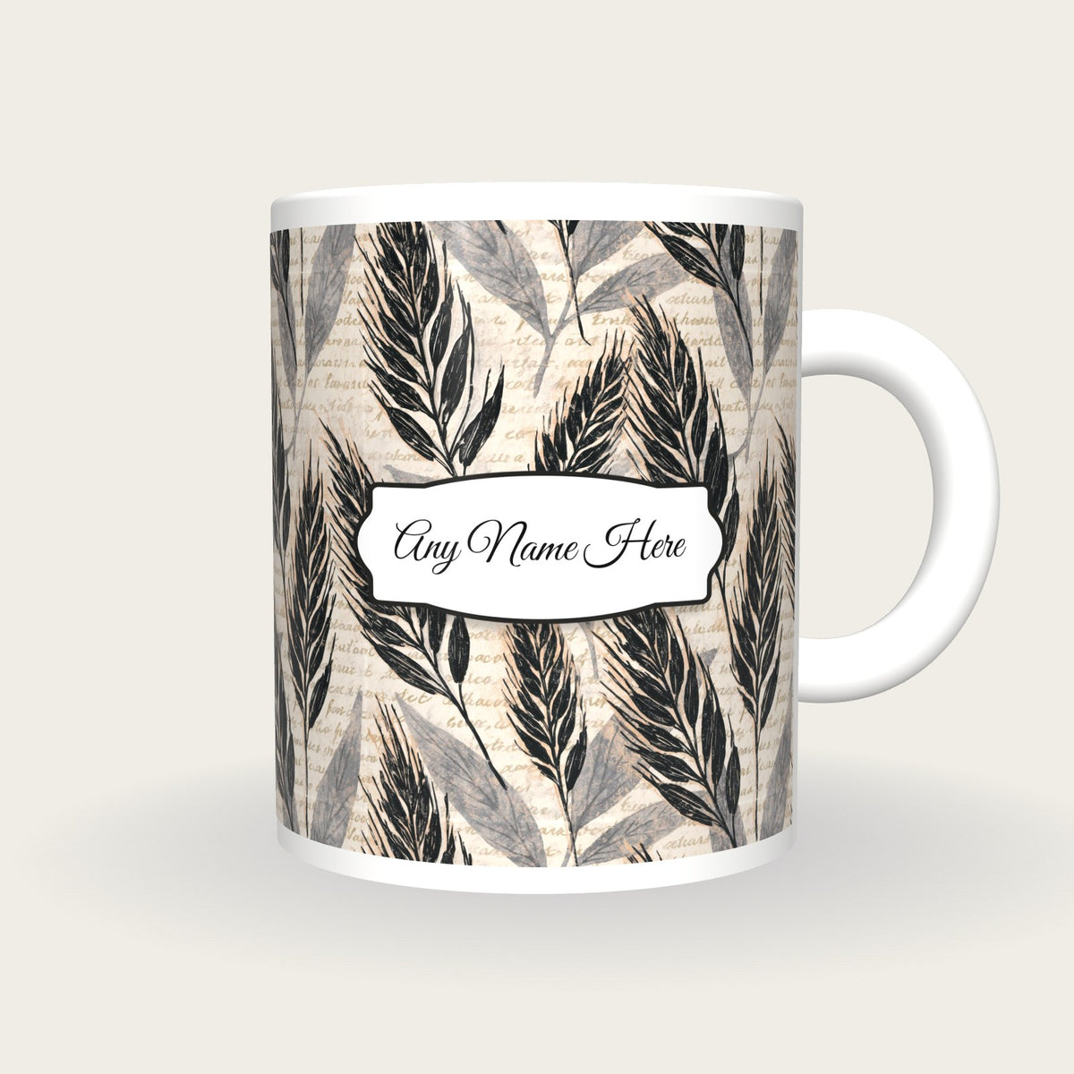 Woodblock Wheat Name Mug, front with the name label