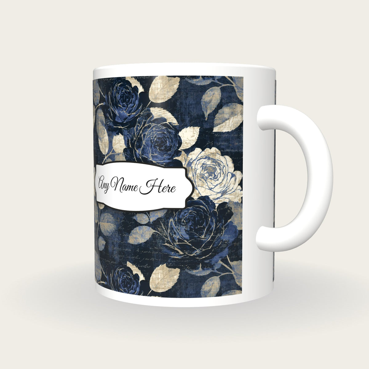Scratchboard Roses Name Mug, three-quarter view