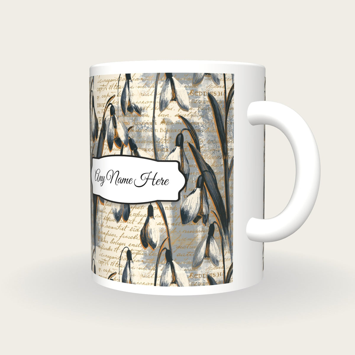 Screenprint Snowdrops Name Mug, three-quarter view