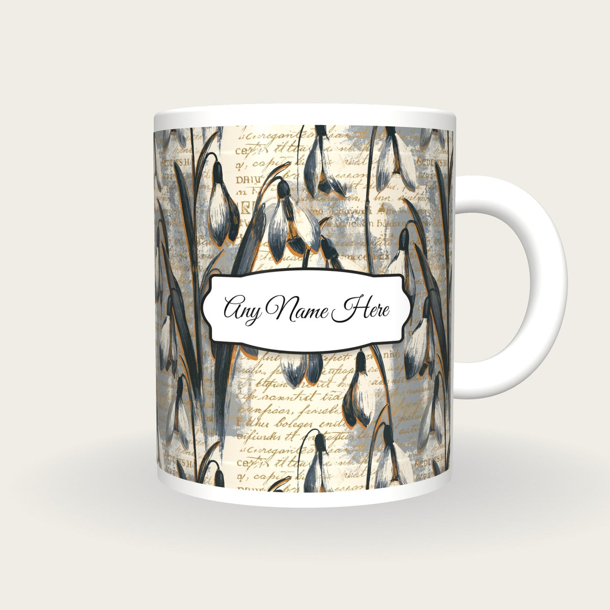 Screenprint Snowdrops Name Mug, front with the name label