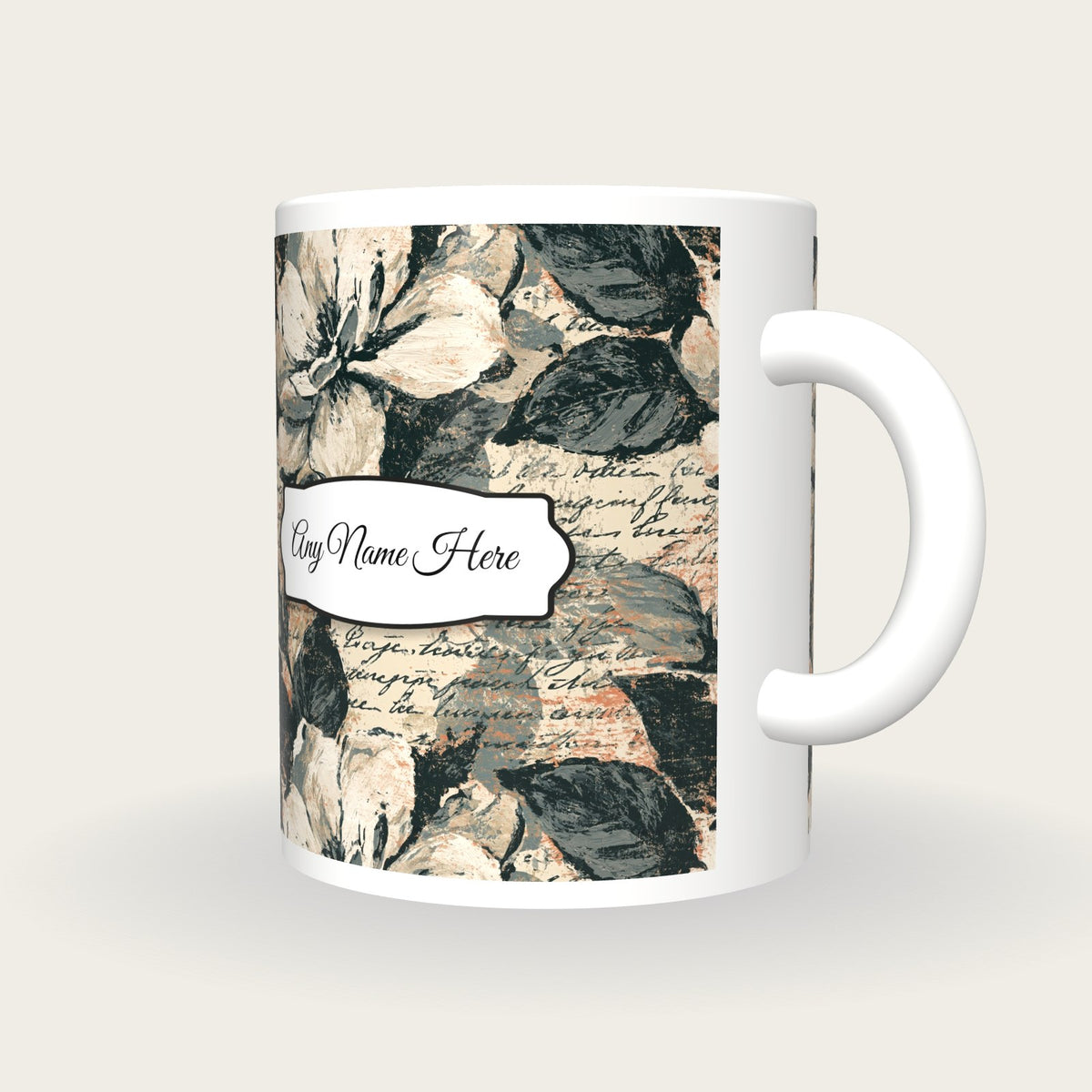 Woodcut Gardenias Name Mug, three-quarter view
