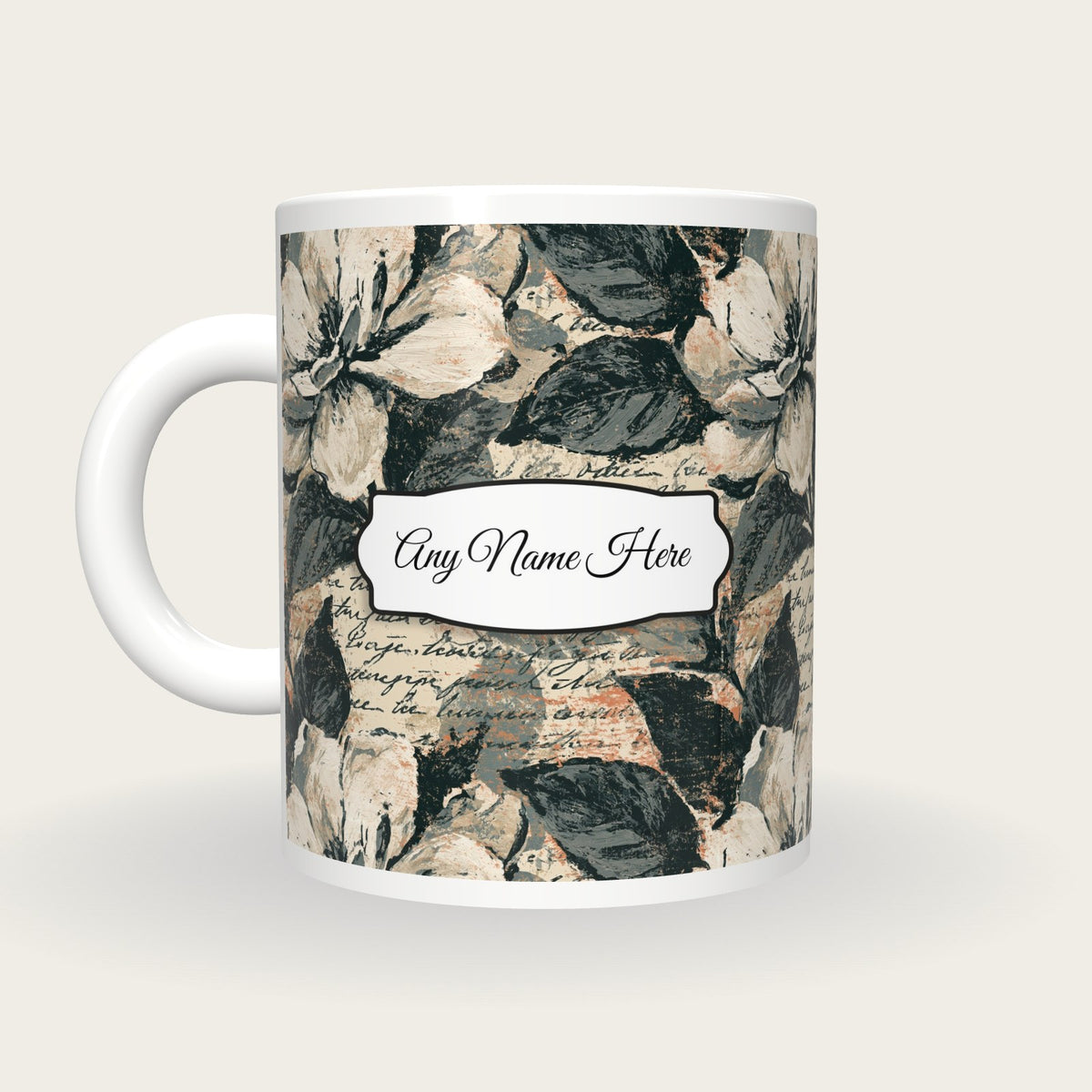 Woodcut Gardenias Name Mug, back with the second name label