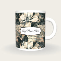 Woodcut Gardenias Name Mug, front with the name label