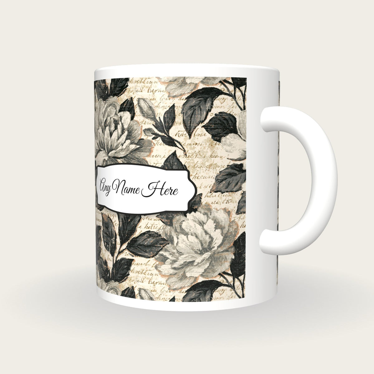 Woodcut Gardenias Name Mug 3, three-quarter view