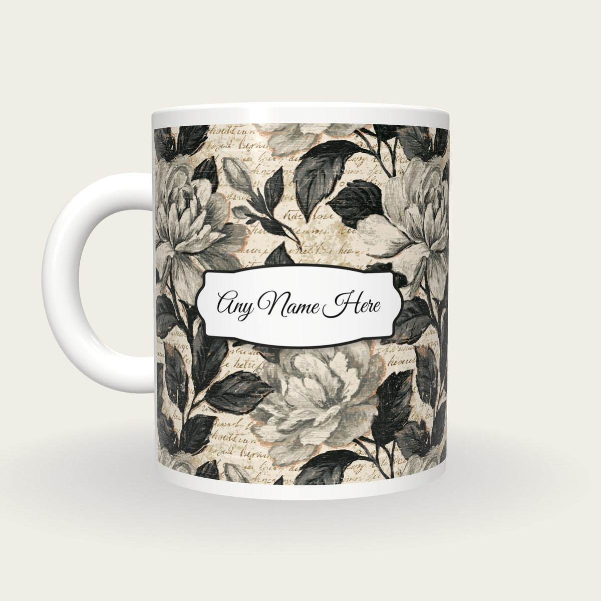Woodcut Gardenias Name Mug 3, back with the second name label