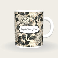 Woodcut Gardenias Name Mug 3, front with the name label