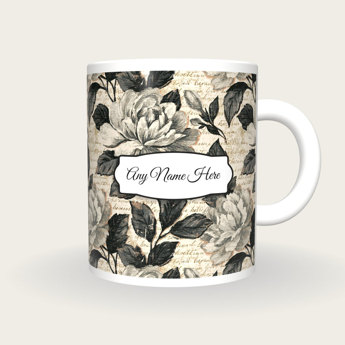 Woodcut Gardenias Name Mug 3, front with the name label