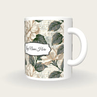Woodcut Gardenias Name Mug 2, three-quarter view