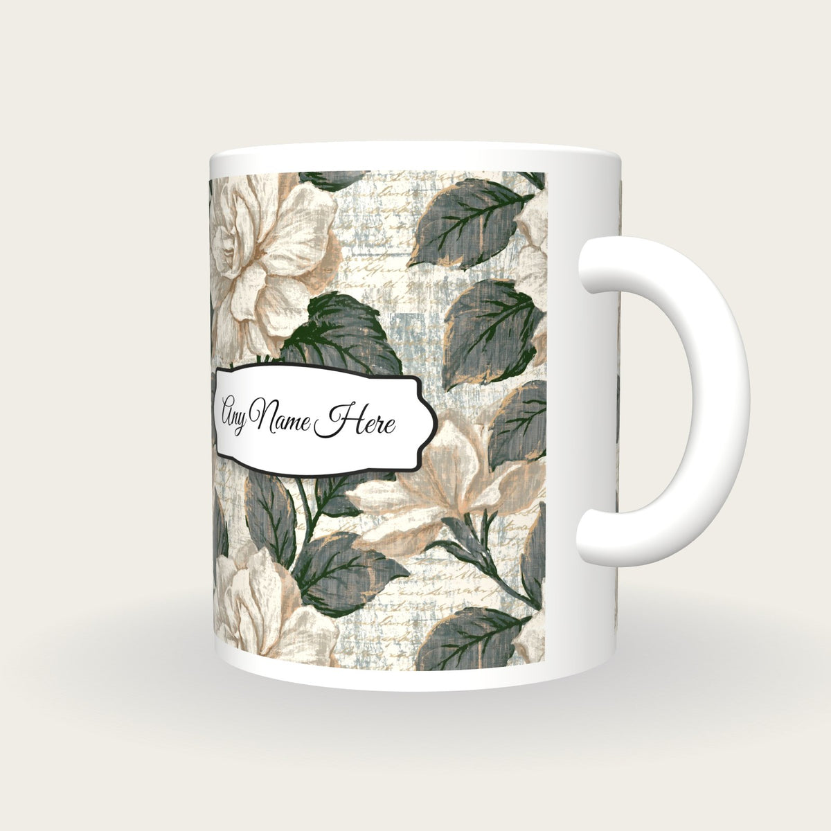 Woodcut Gardenias Name Mug 2, three-quarter view