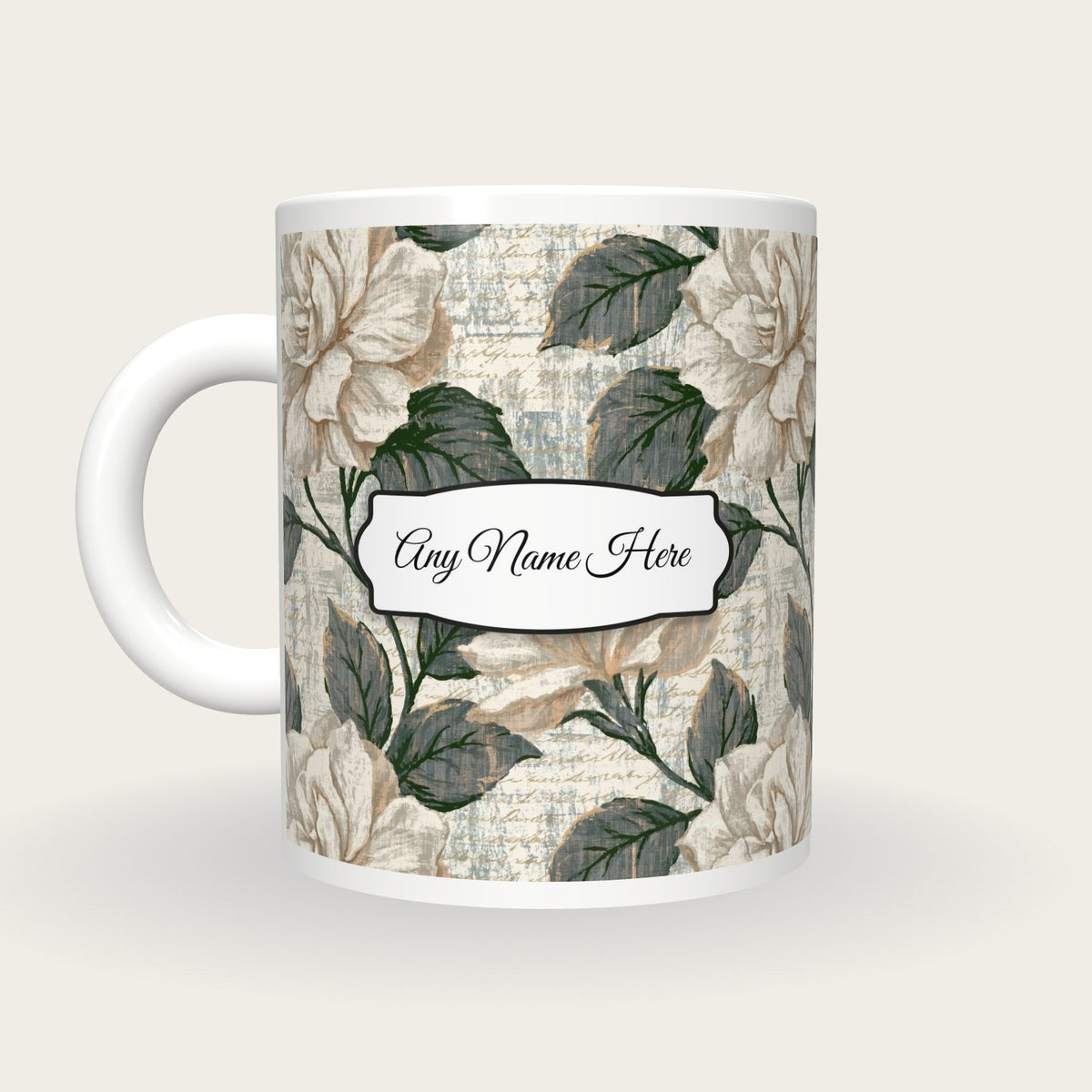 Woodcut Gardenias Name Mug 2, back with the second name label