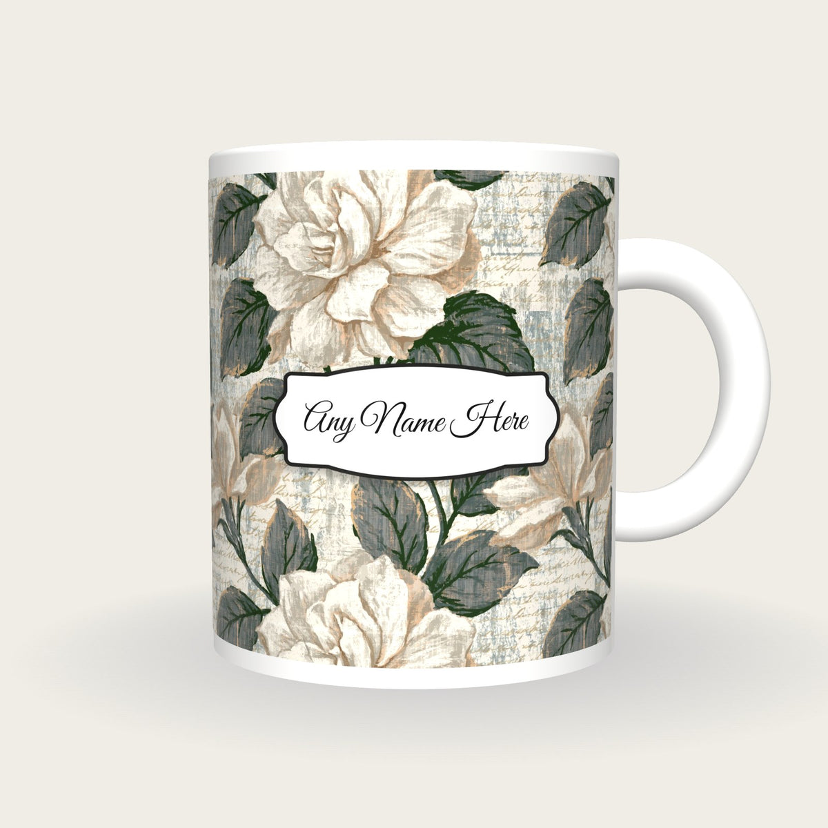Woodcut Gardenias Name Mug 2, front with the name label