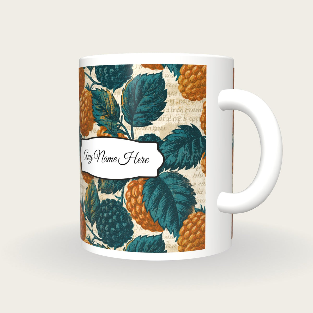 Woodblock Blackberries Name Mug, three-quarter view