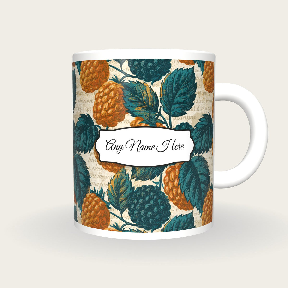 Woodblock Blackberries Name Mug, front with the name label