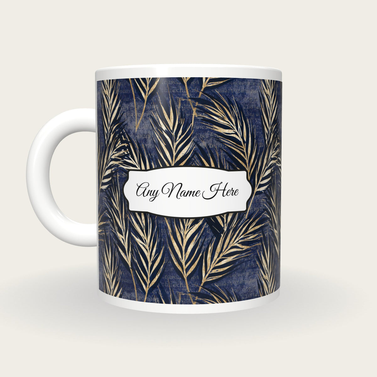 Woodblock Wheat Name Mug 4, back with the second name label