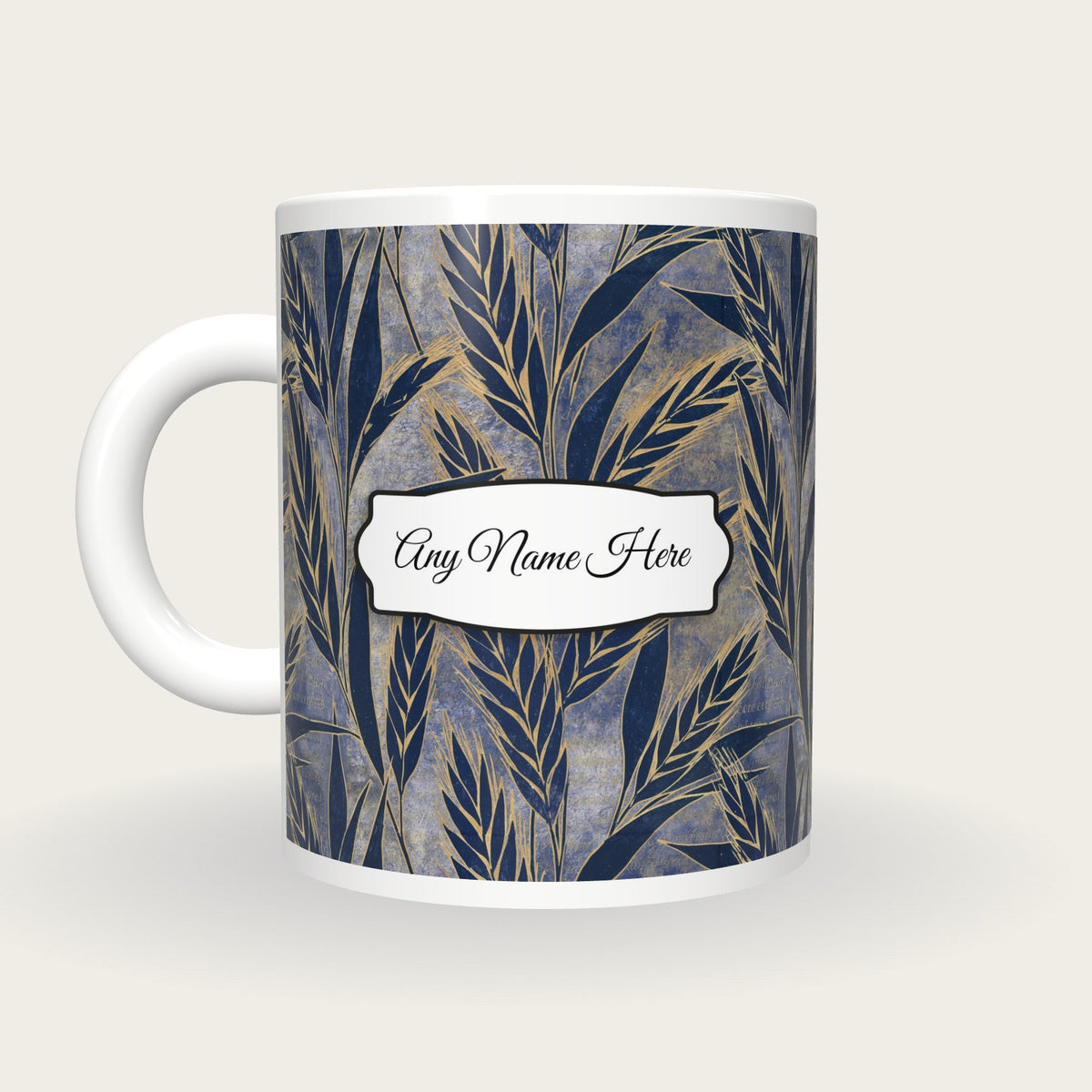 Woodblock Wheat Name Mug 3, back with the second name label