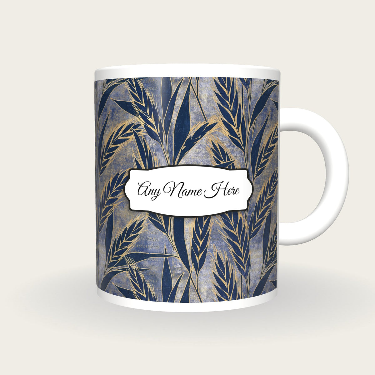 Woodblock Wheat Name Mug 3, front with the name label