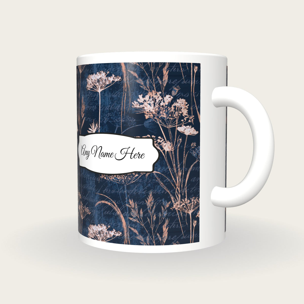 Woodcut Wildflowers Name Mug, three-quarter view