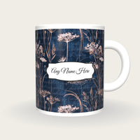 Woodcut Wildflowers Name Mug, front with the name label