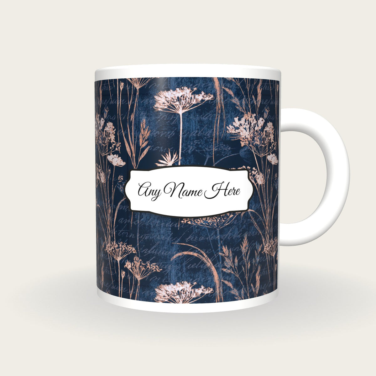 Woodcut Wildflowers Name Mug, front with the name label