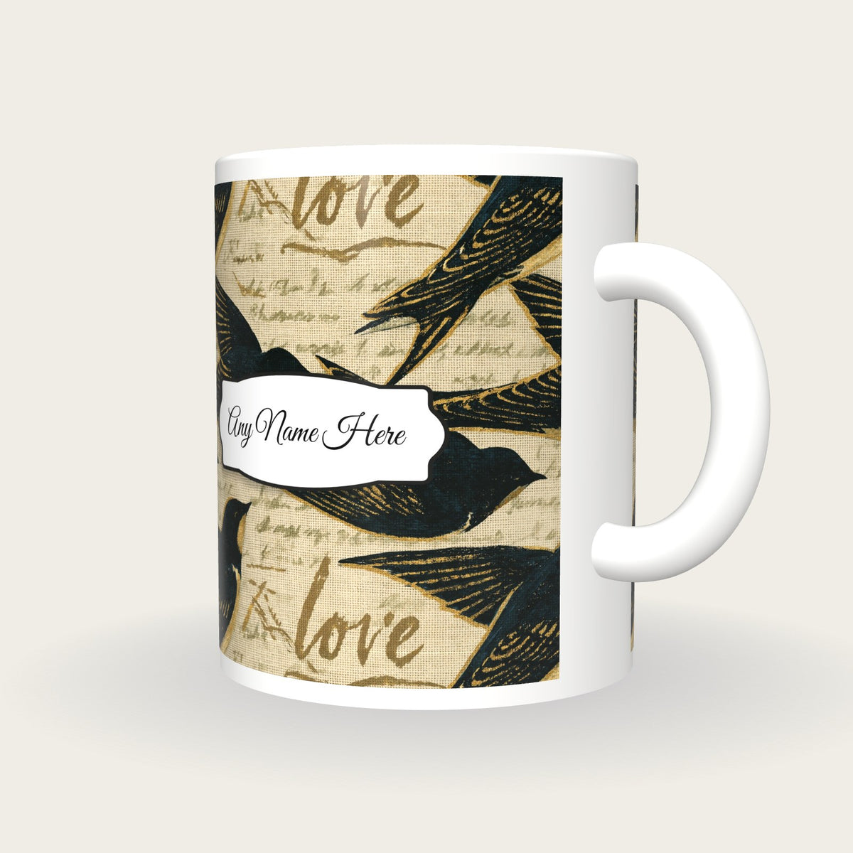 Coloured Pencil Lovebirds Name Mug, three-quarter view