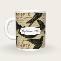Coloured Pencil Lovebirds Name Mug, back with the second name label