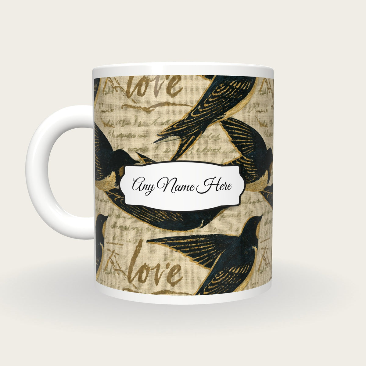 Coloured Pencil Lovebirds Name Mug, back with the second name label