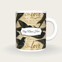 Coloured Pencil Lovebirds Name Mug, front with the name label