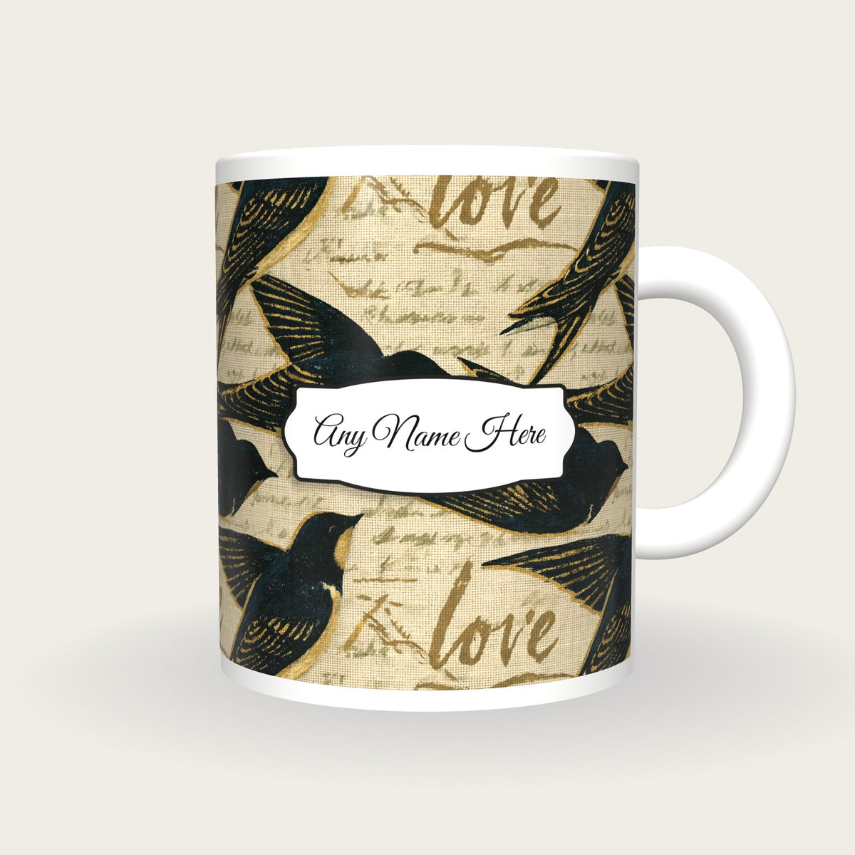 Coloured Pencil Lovebirds Name Mug, front with the name label