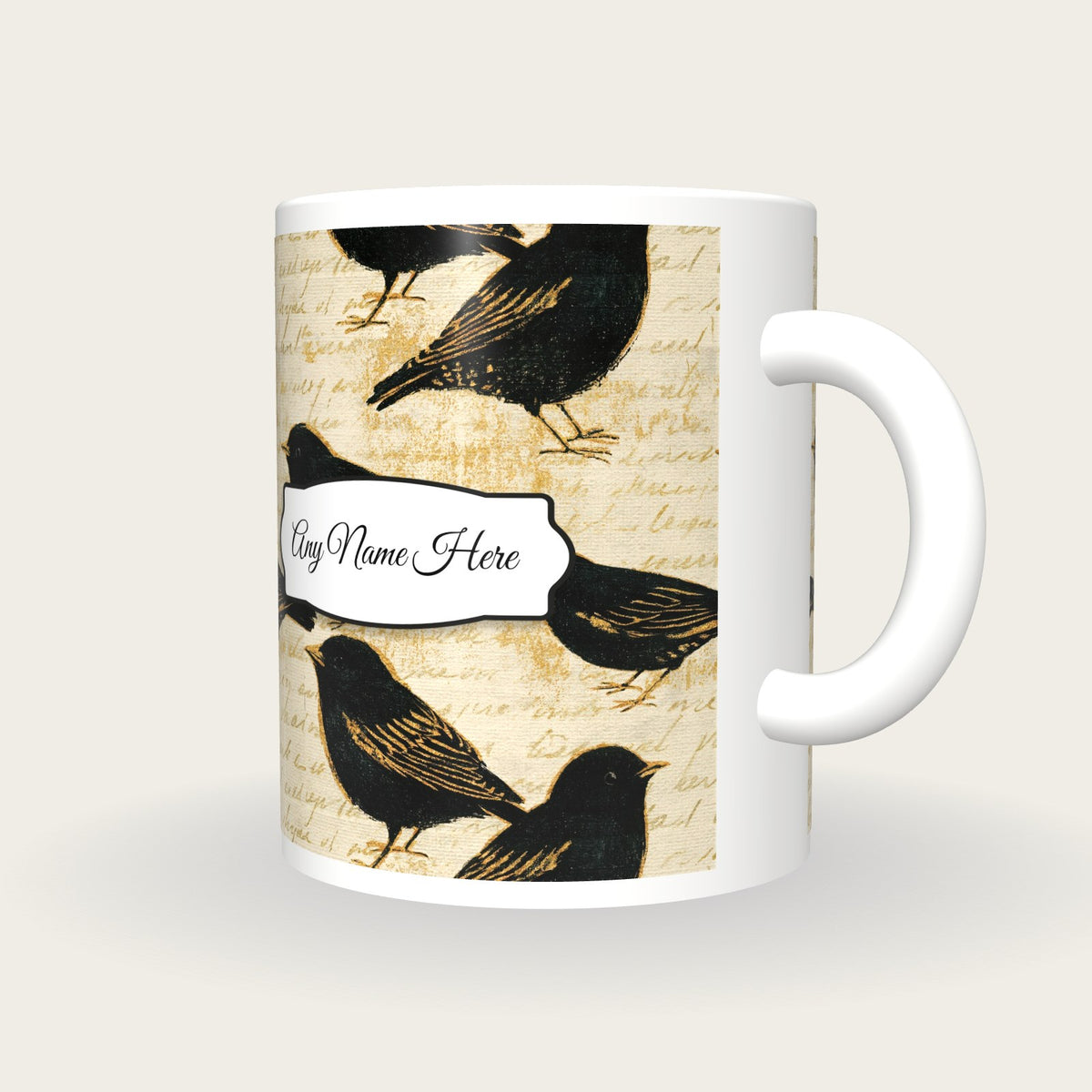 Coloured Pencil Lovebirds Name Mug 2, three-quarter view