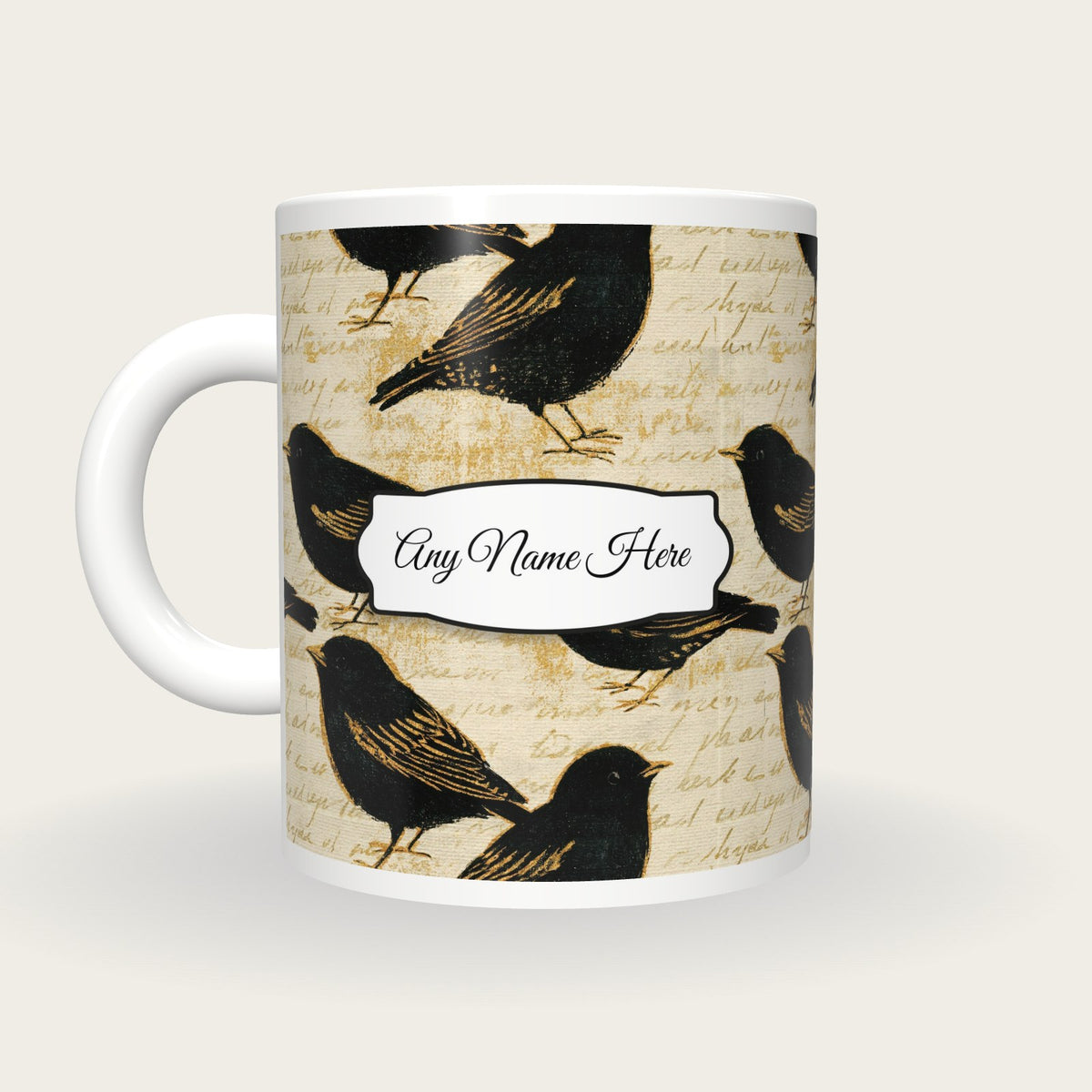 Coloured Pencil Lovebirds Name Mug 2, back with the second name label