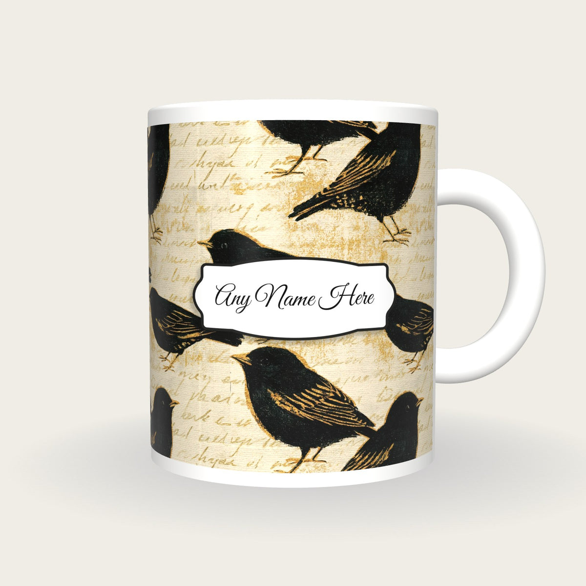 Coloured Pencil Lovebirds Name Mug 2, front with the name label