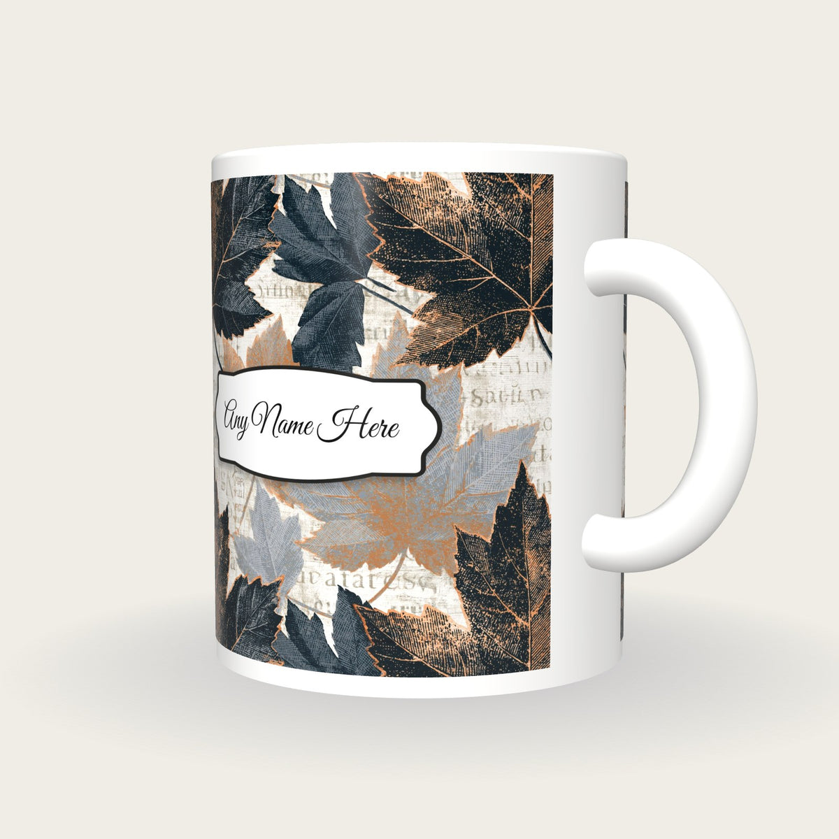 Cross Hatch Autumn Leaves Name Mug, three-quarter view