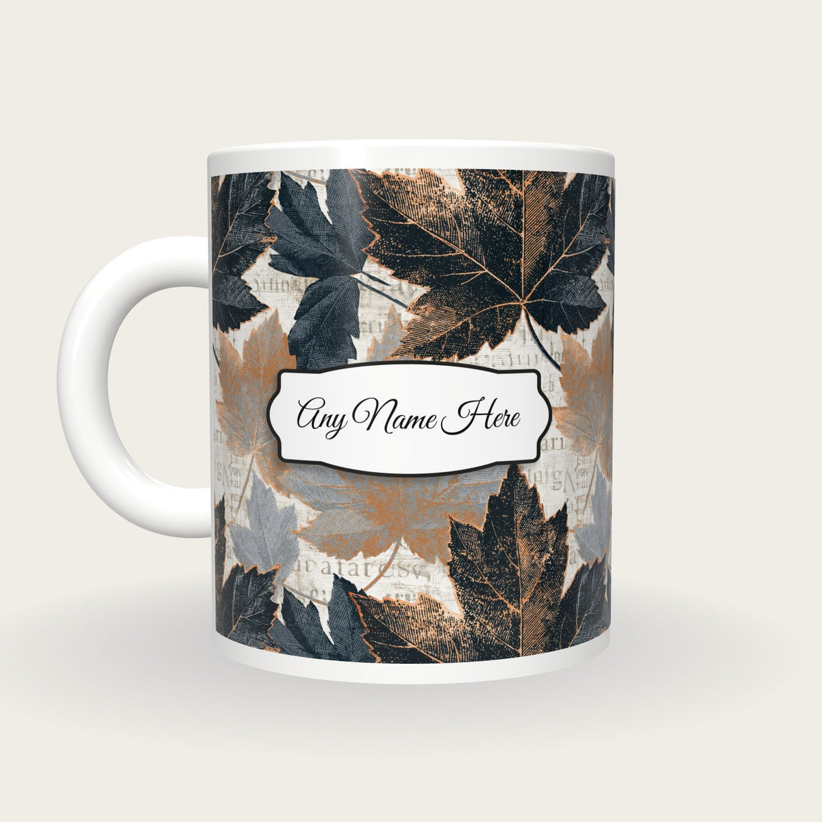 Cross Hatch Autumn Leaves Name Mug, back with the second name label