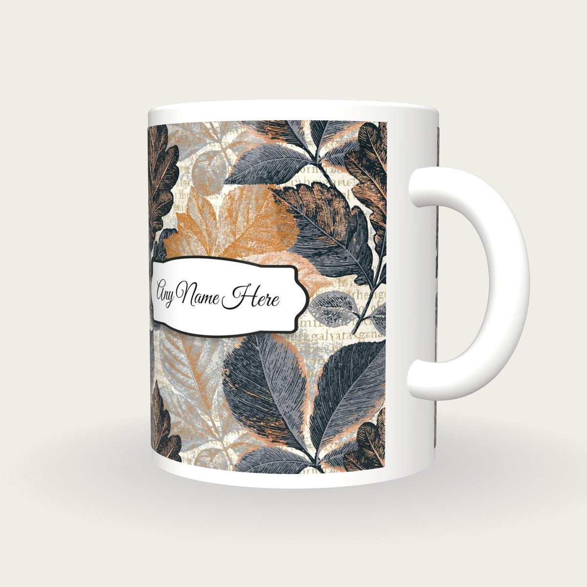 Cross Hatch Autumn Leaves Name Mug 2, three-quarter view