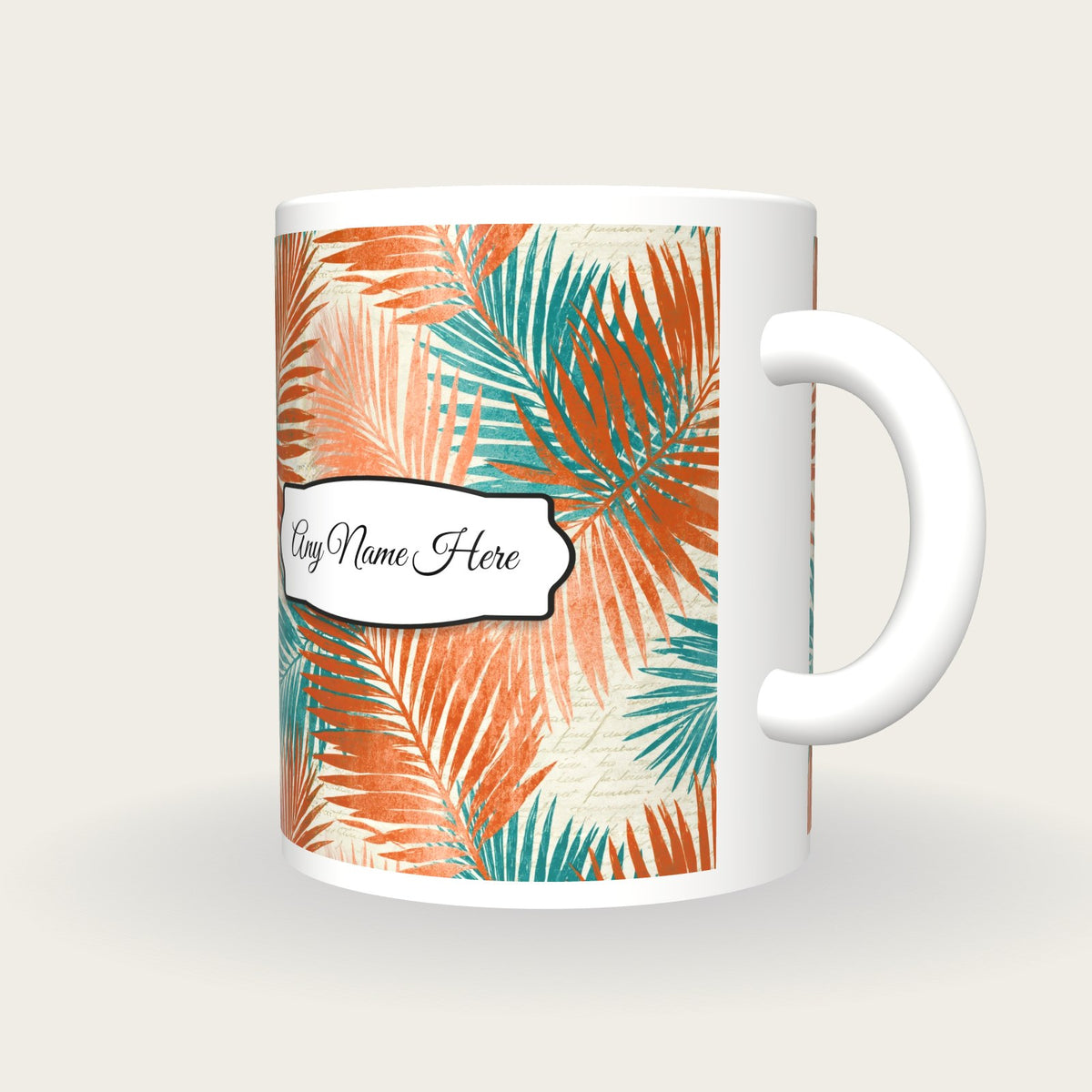 Lithograph Palm Fronds Name Mug, three-quarter view