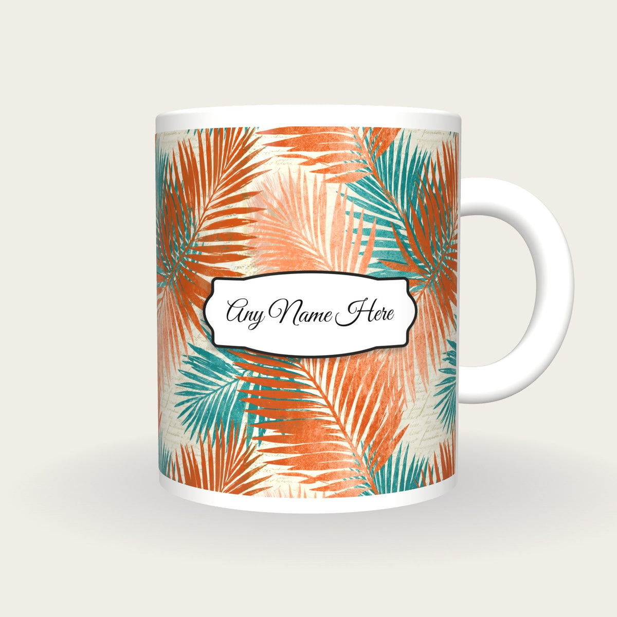 Lithograph Palm Fronds Name Mug, front with the name label