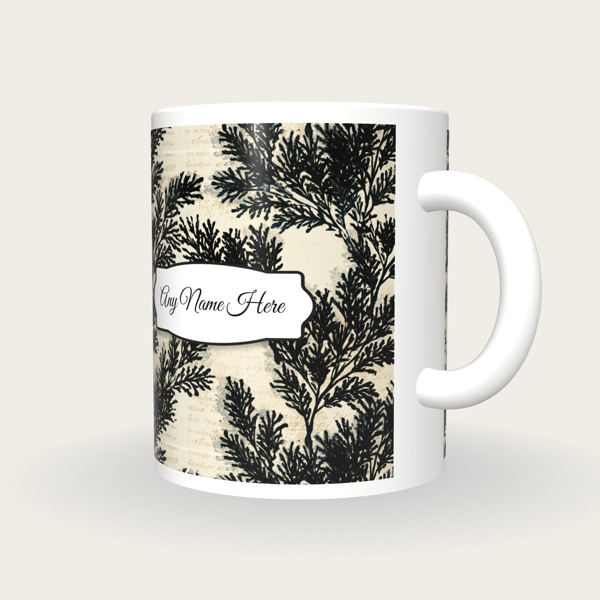 Risograph Evergreen Sprigs Name Mug, three-quarter view