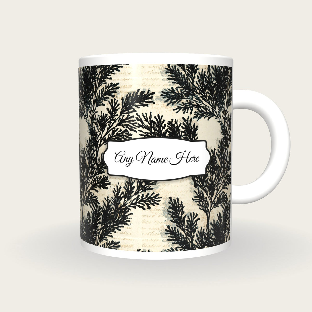 Risograph Evergreen Sprigs Name Mug, front with the name label